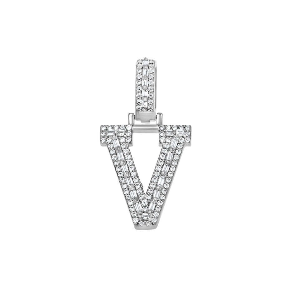 925 Sterling Silver Unisex Round Baguette Cubic Zirconia Initial Letter V Charm Pendant