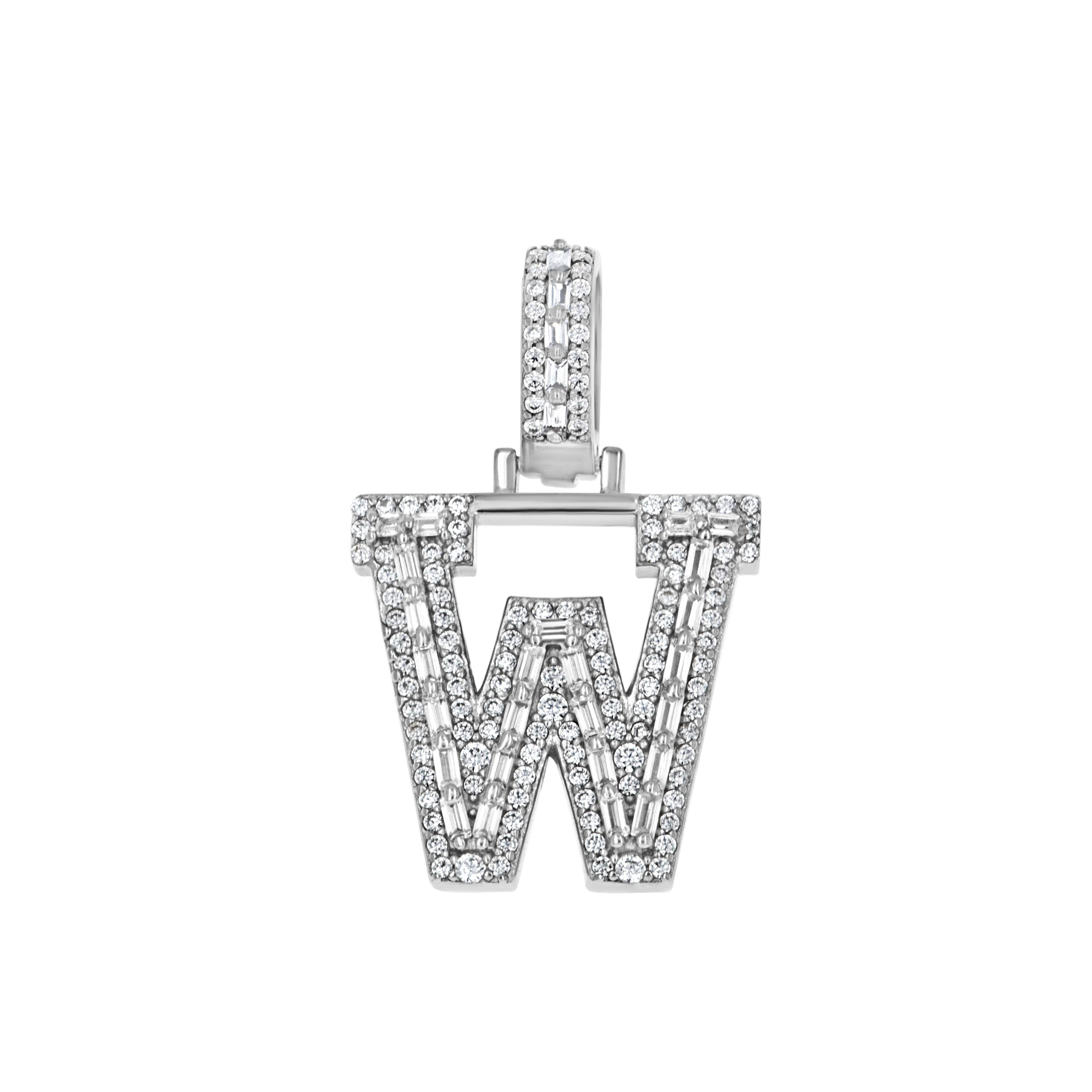 925 Sterling Silver Unisex Round Baguette Cubic Zirconia Initial Letter W Charm Pendant