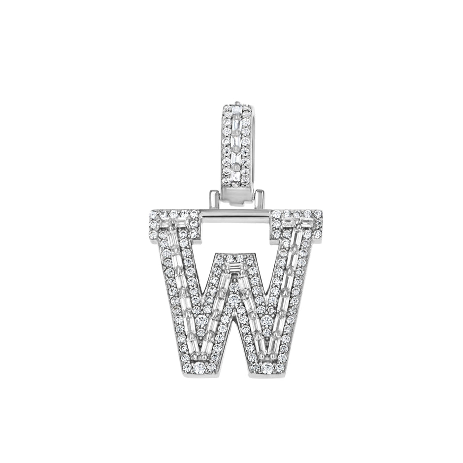 925 Sterling Silver Unisex Round Baguette Cubic Zirconia Initial Letter W Charm Pendant
