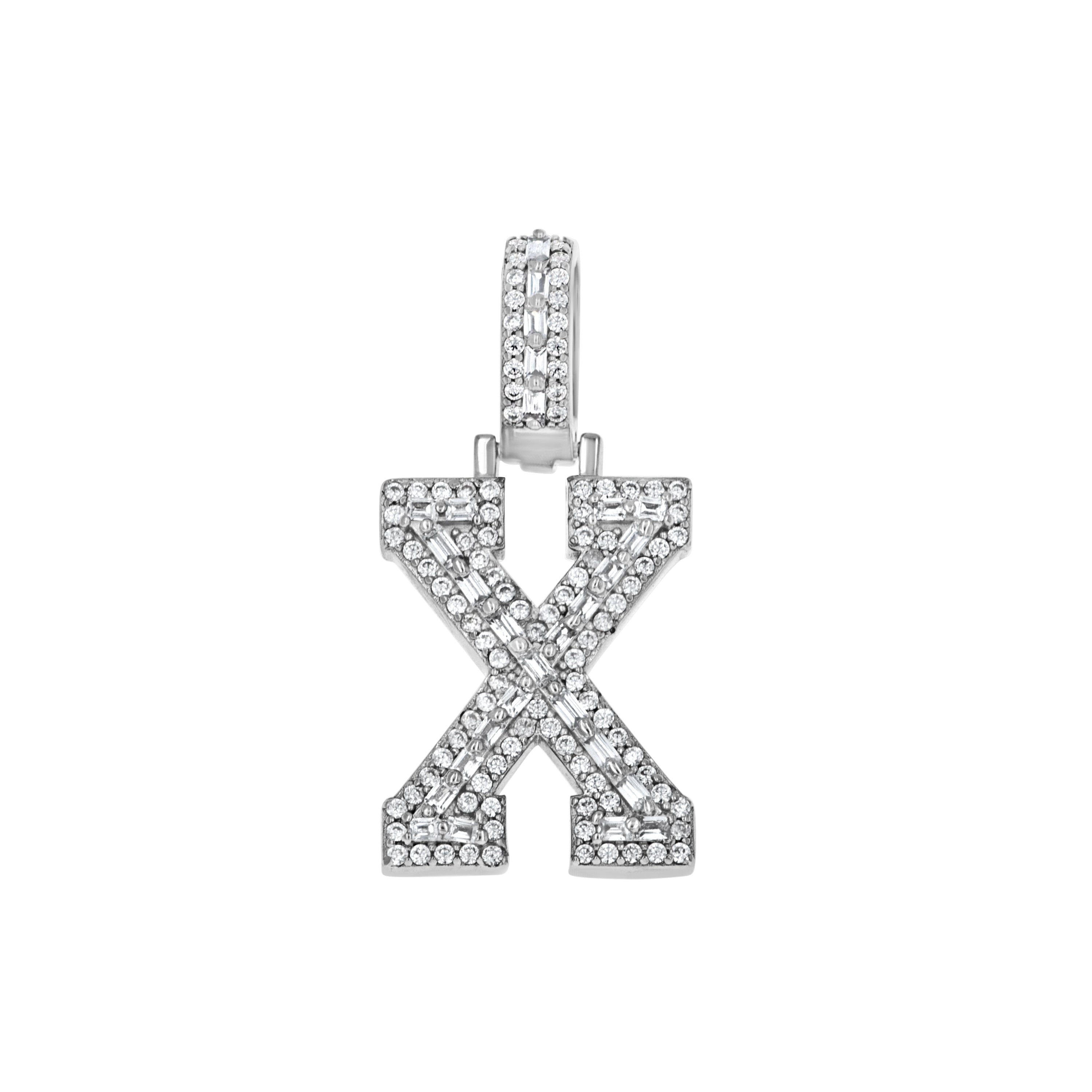 925 Sterling Silver Unisex Round Baguette Cubic Zirconia Initial Letter X Charm Pendant