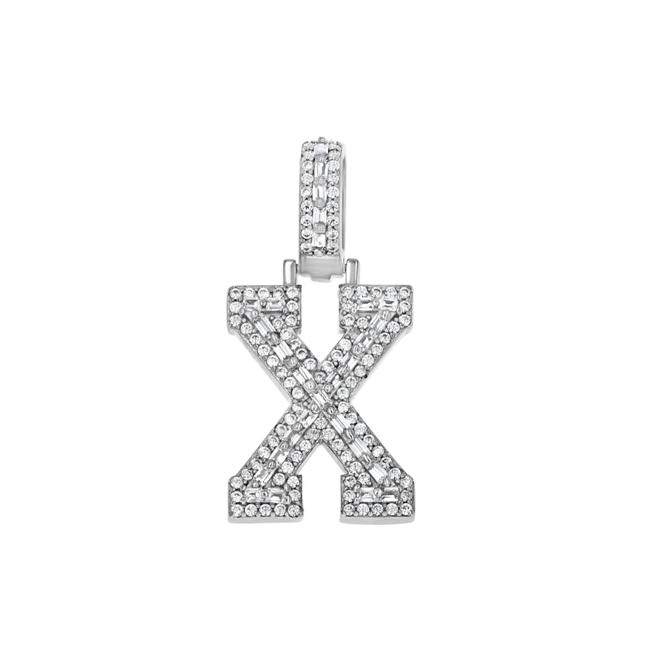 925 Sterling Silver Unisex Round Baguette Cubic Zirconia Initial Letter X Charm Pendant
