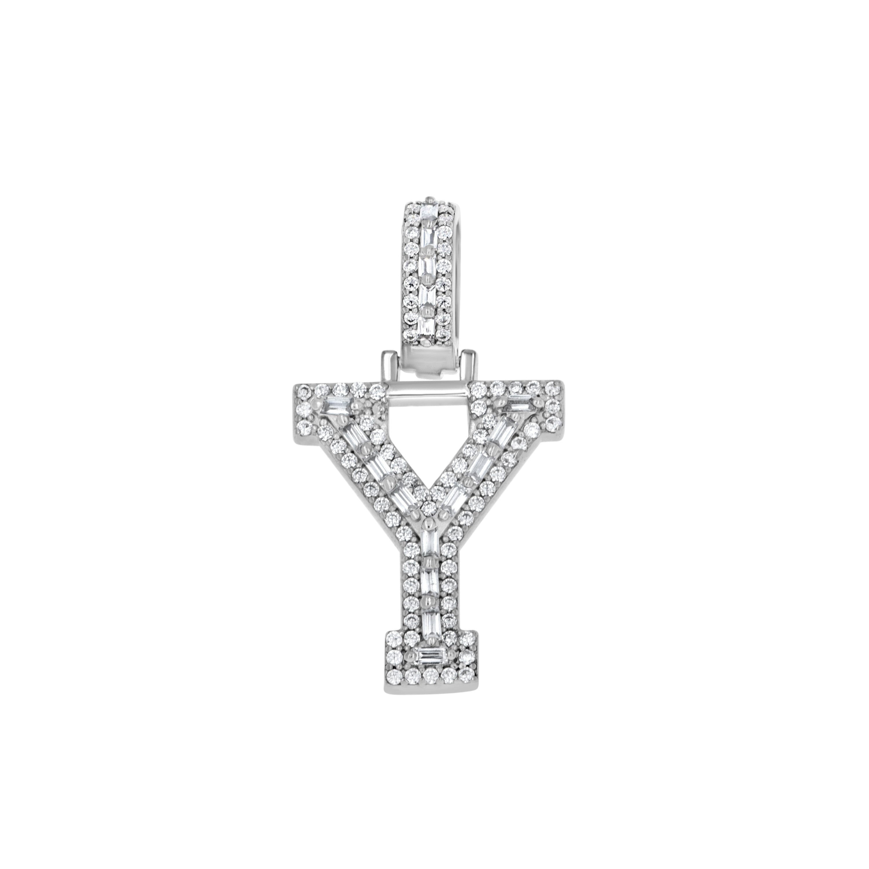 925 Sterling Silver Unisex Round Baguette Cubic Zirconia Initial Letter Y Charm Pendant