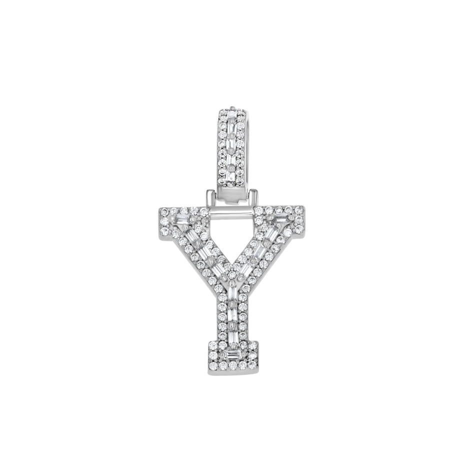 925 Sterling Silver Unisex Round Baguette Cubic Zirconia Initial Letter Y Charm Pendant