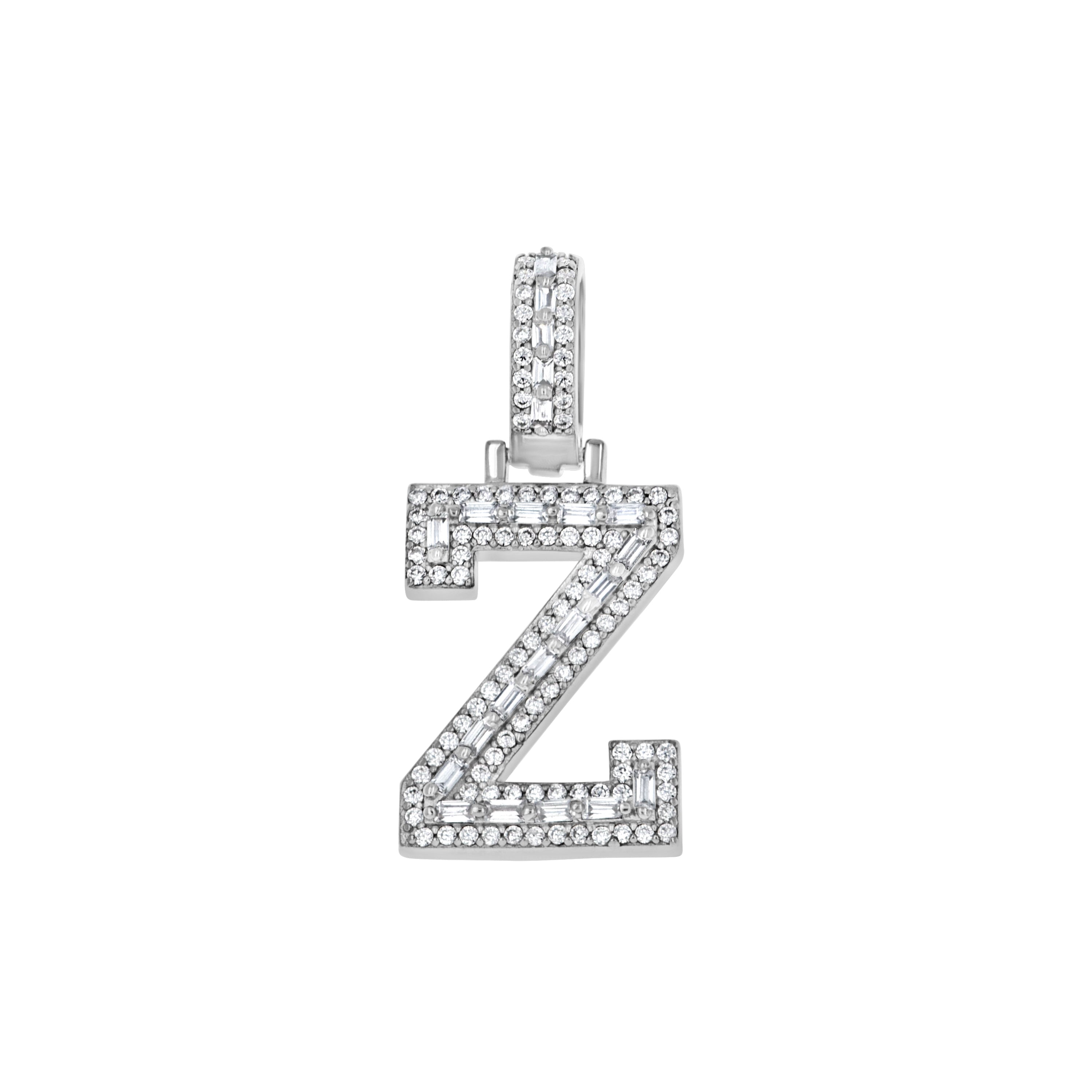 925 Sterling Silver Unisex Round Baguette Cubic Zirconia Initial Letter Z Charm Pendant