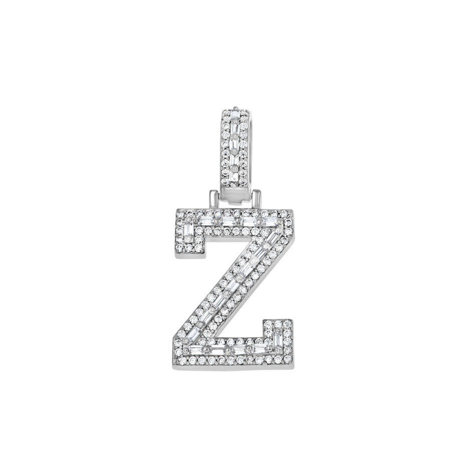 925 Sterling Silver Unisex Round Baguette Cubic Zirconia Initial Letter Z Charm Pendant