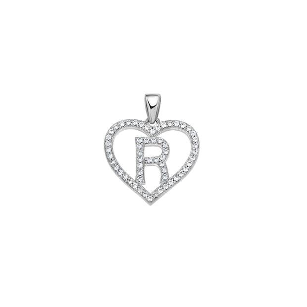 925 Sterling Silver Womens Cubic Zirconia Initial Letter R Heart Charm Pendant