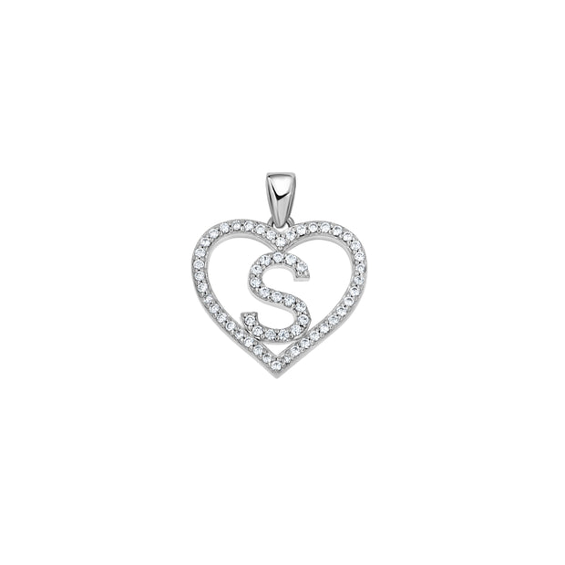 925 Sterling Silver Womens Cubic Zirconia Initial Letter S Heart Charm Pendant