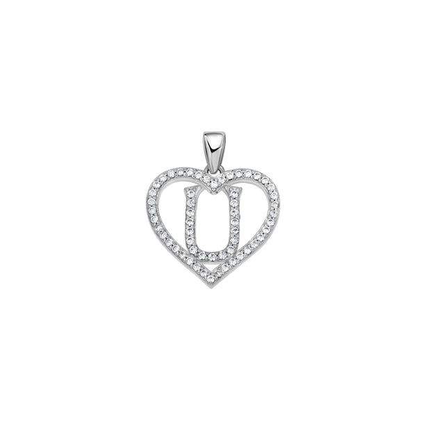 925 Sterling Silver Womens Cubic Zirconia Initial Letter U Heart Charm Pendant