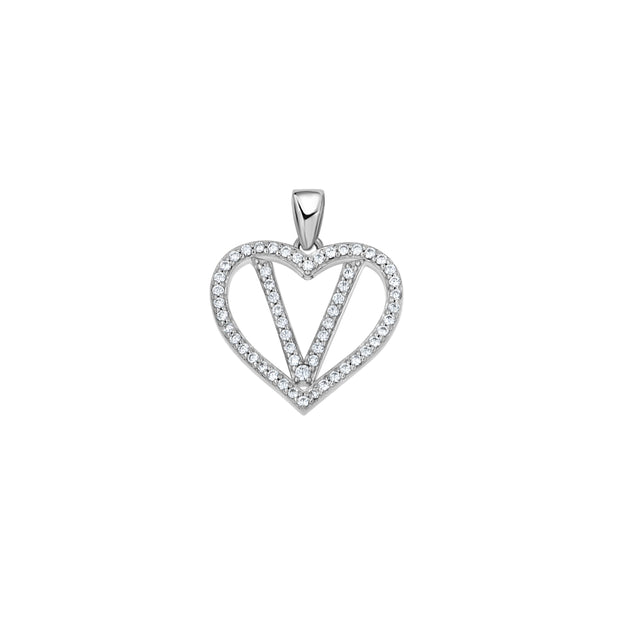 925 Sterling Silver Womens Cubic Zirconia Initial Letter V Heart Charm Pendant