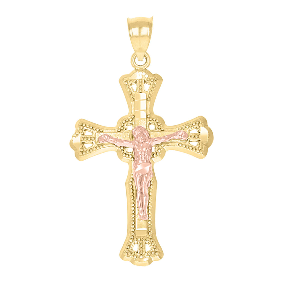 10kt Two-Tone Gold Mens Textured Crucifix Cross Religious Charm Pendant
