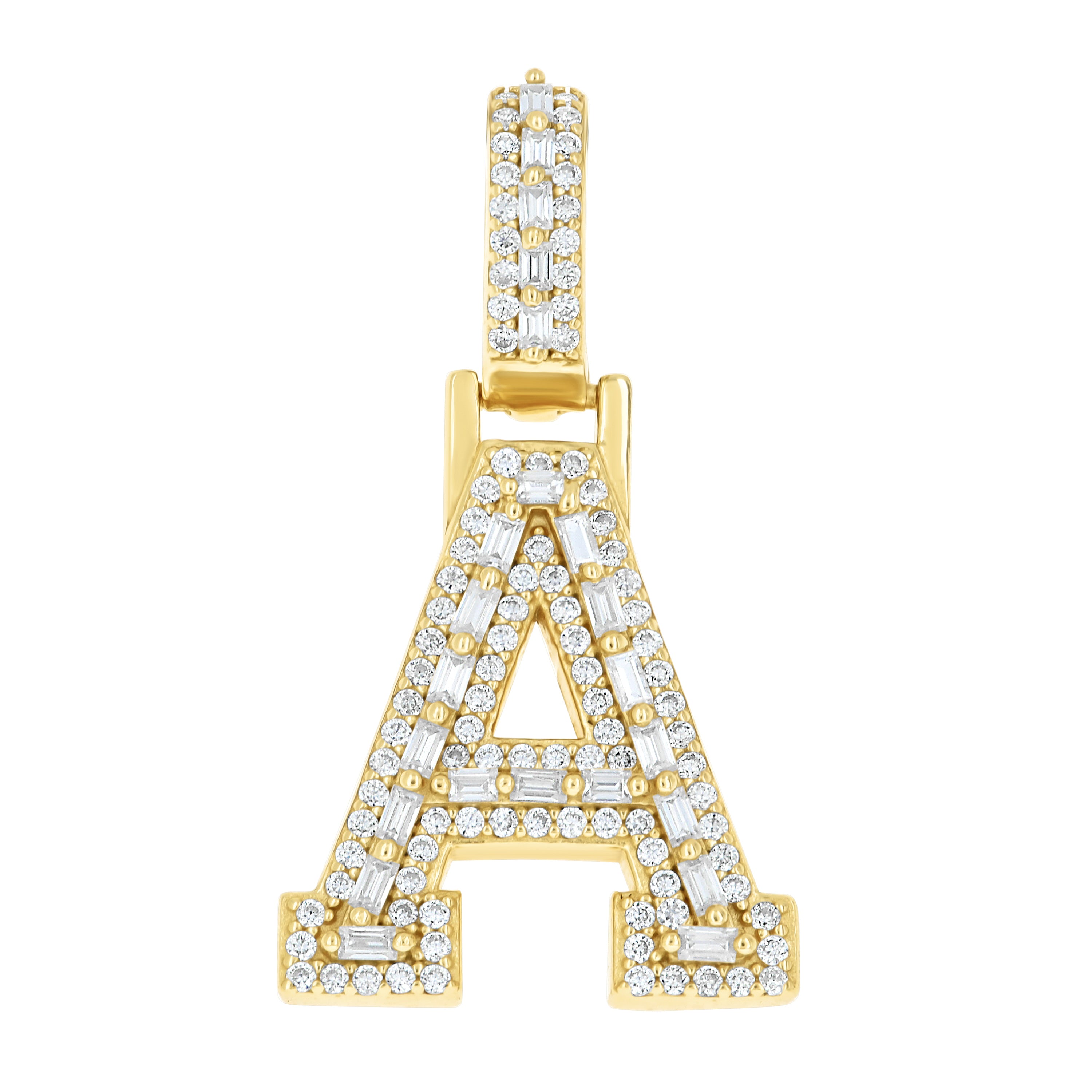 925 Sterling Silver Yellow-Tone Unisex Baguette Round 0.41ct, 0.46ct Moissanite Initial Alphabet A Charm Pendant