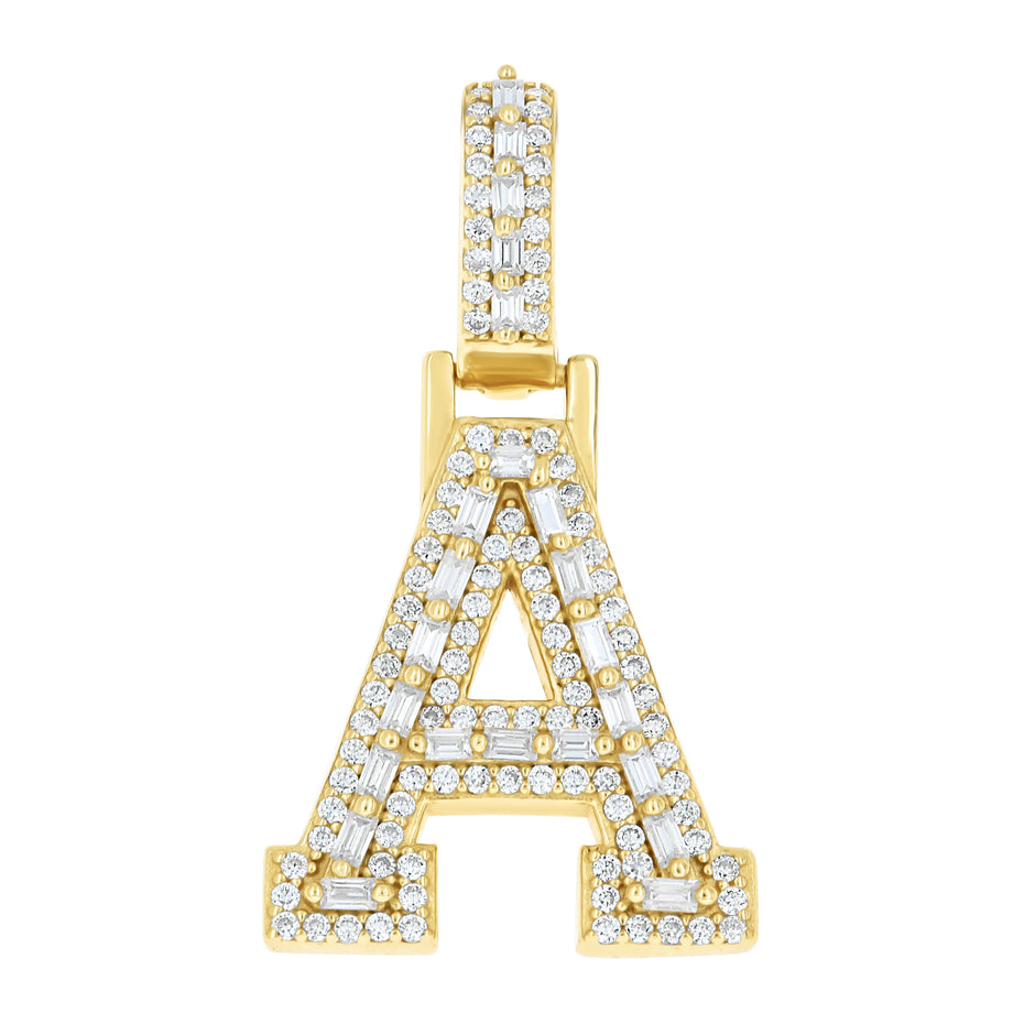 925 Sterling Silver Yellow-Tone Unisex Baguette Round 0.41ct, 0.46ct Moissanite Initial Alphabet A Charm Pendant