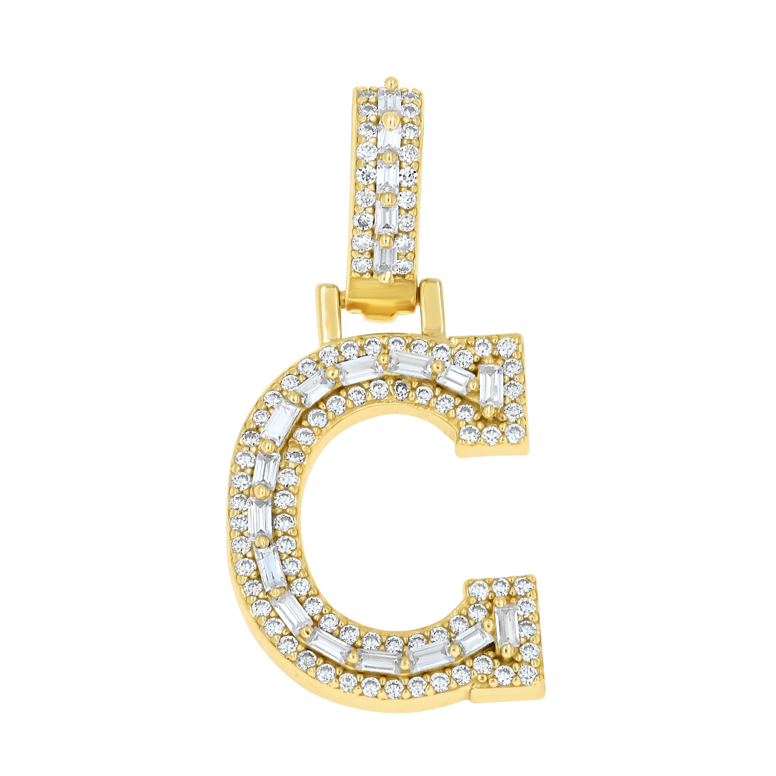 925 Sterling Silver Yellow-Tone Unisex Baguette Round 0.37ct, 0.40ct Moissanite Initial Alphabet C Charm Pendant