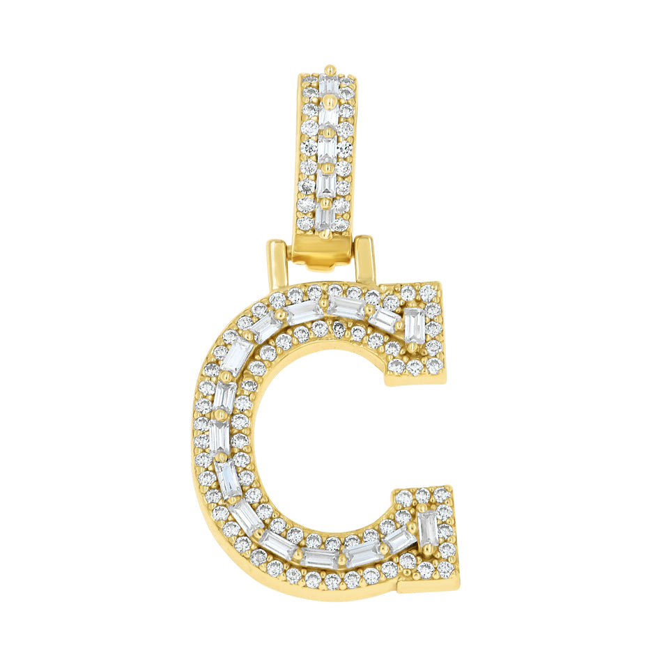 925 Sterling Silver Yellow-Tone Unisex Baguette Round 0.37ct, 0.40ct Moissanite Initial Alphabet C Charm Pendant