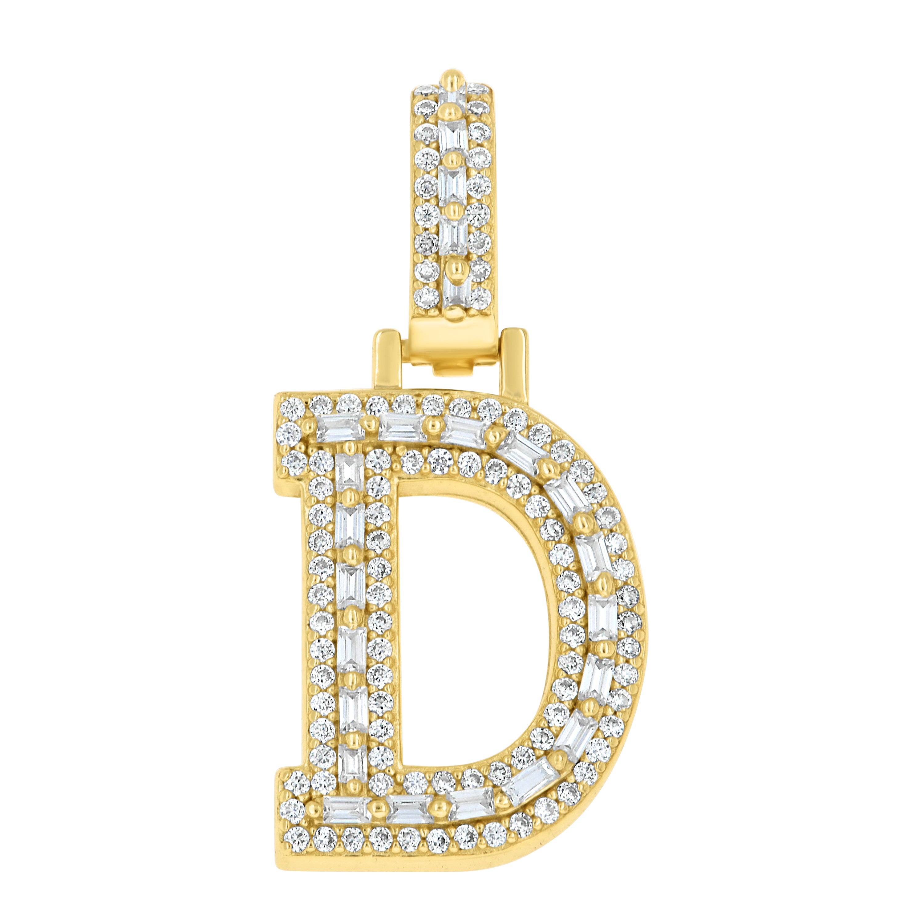 925 Sterling Silver Yellow-Tone Unisex Baguette Round 0.42ct, 0.48ct Moissanite Initial Alphabet D Charm Pendant