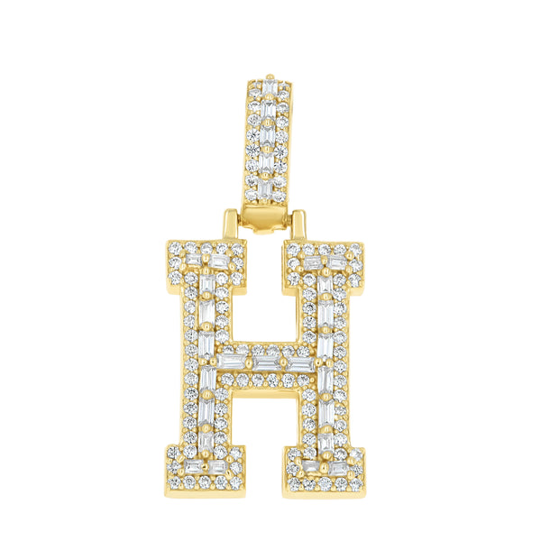925 Sterling Silver Yellow-Tone Unisex Baguette Round 0.42ct, 0.64ct Moissanite Initial Alphabet H Charm Pendant