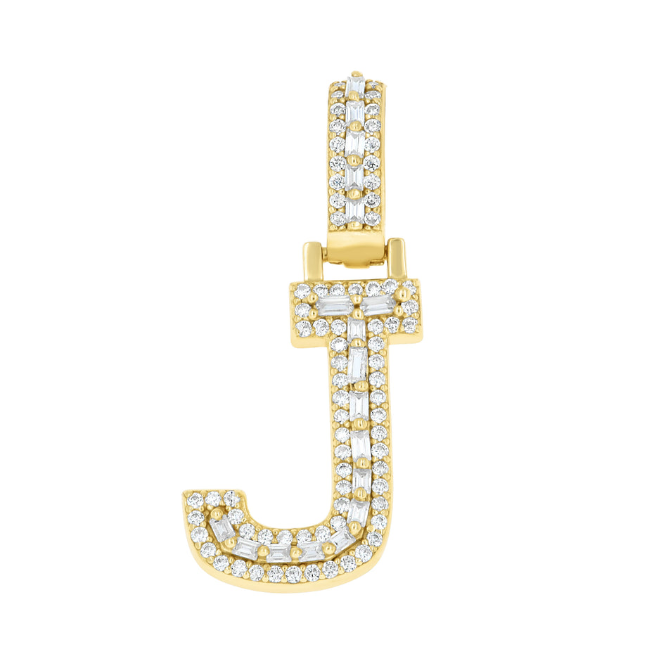 925 Sterling Silver Yellow-Tone Unisex Baguette Round 0.32ct, 0.38ct Moissanite Initial Alphabet J Charm Pendant
