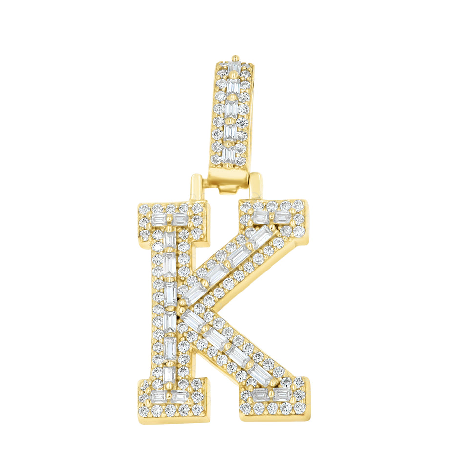 925 Sterling Silver Yellow-Tone Unisex Baguette Round 0.44ct, 0.61ct Moissanite Initial Alphabet K Charm Pendant
