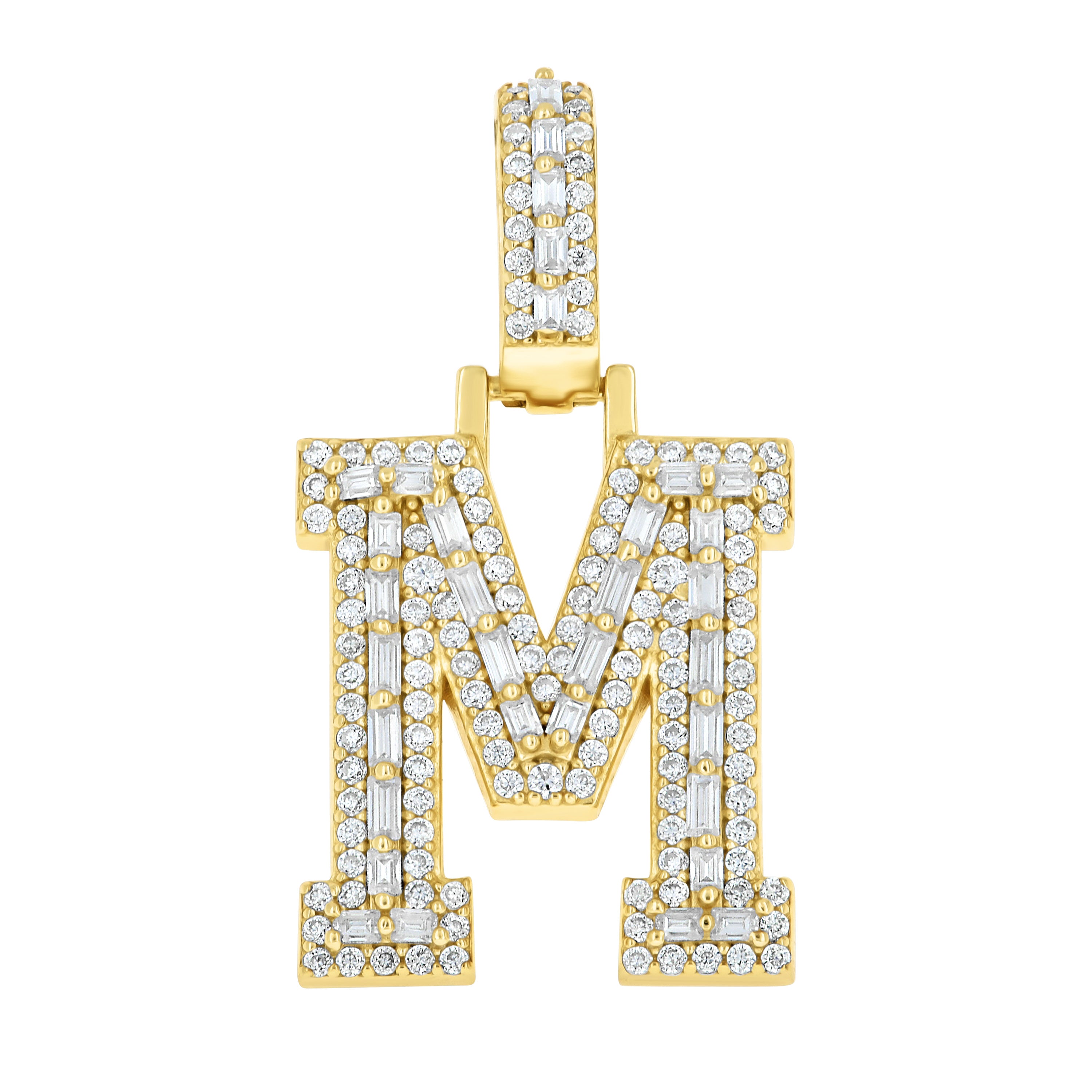 925 Sterling Silver Yellow-Tone Unisex Baguette Round 0.55ct, 0.74ct Moissanite Initial Alphabet M Charm Pendant