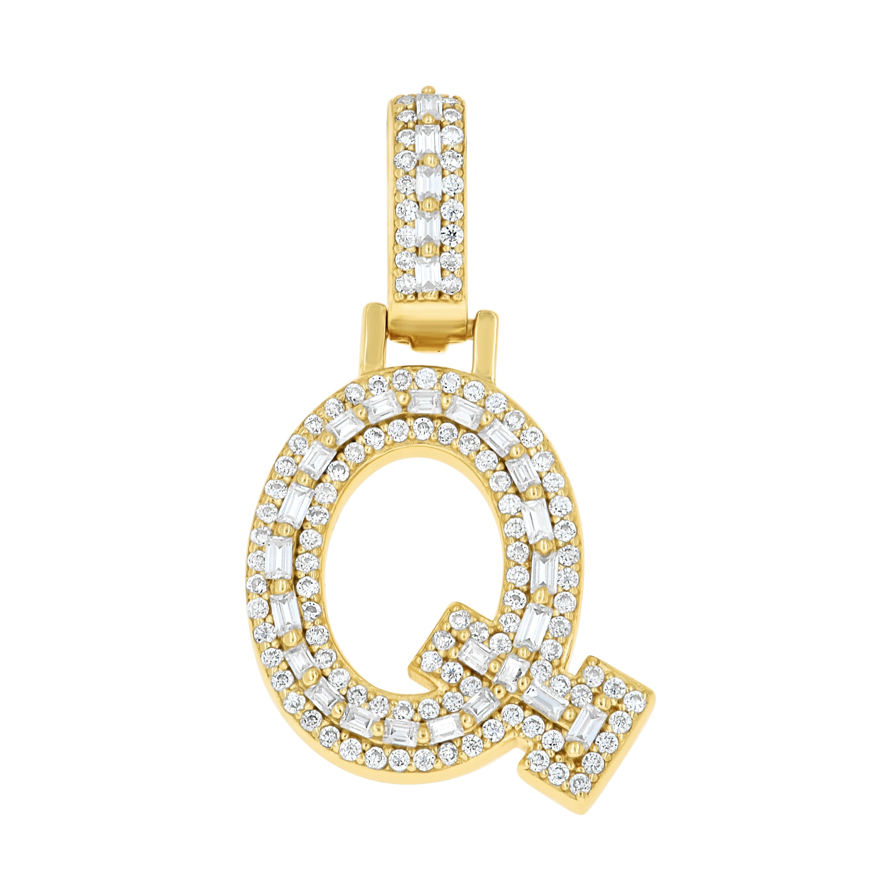 925 Sterling Silver Yellow-Tone Unisex Baguette Round 0.45ct, 0.59ct Moissanite Initial Alphabet Q Charm Pendant