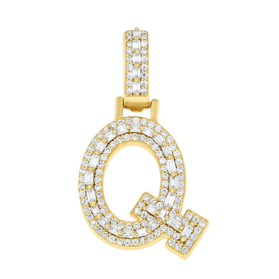 925 Sterling Silver Yellow-Tone Unisex Baguette Round 0.45ct, 0.59ct Moissanite Initial Alphabet Q Charm Pendant