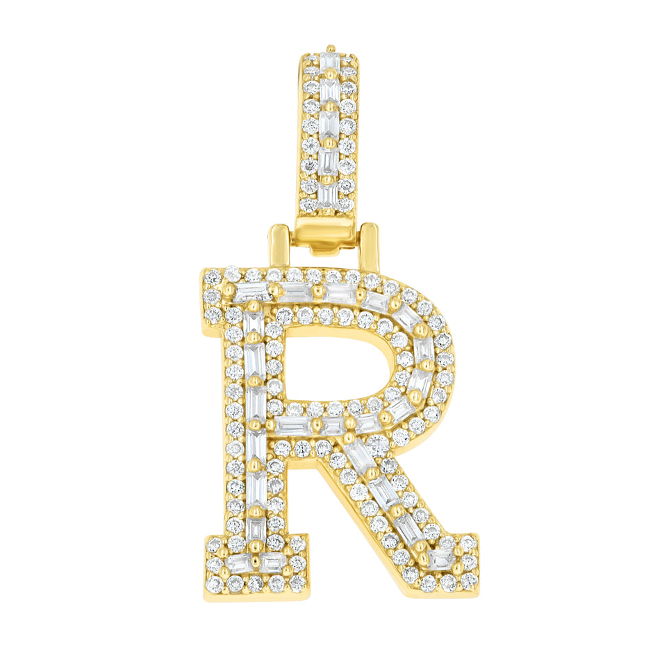 925 Sterling Silver Yellow-Tone Unisex Baguette Round 0.46ct, 0.62ct Moissanite Initial Alphabet R Charm Pendant