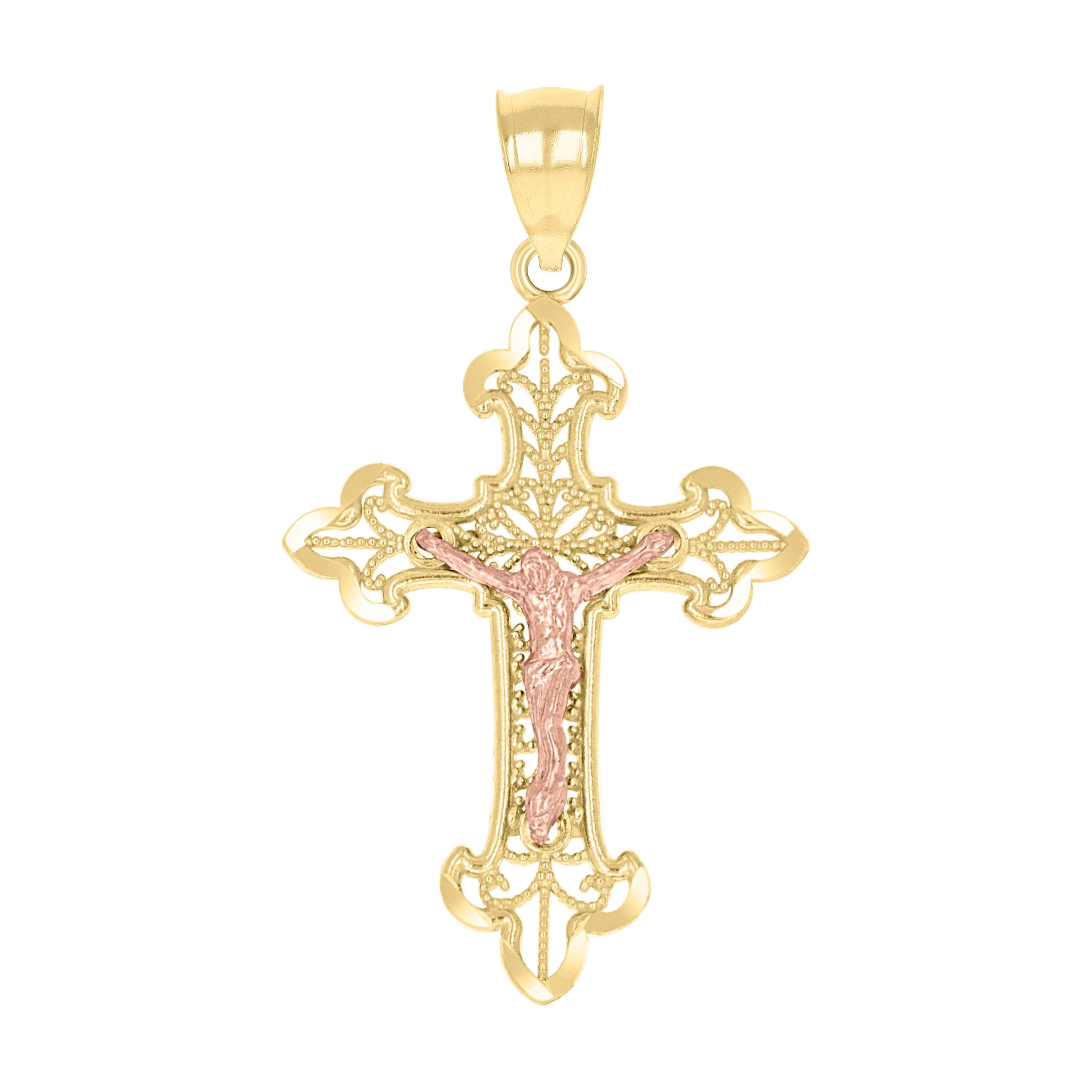 10kt Gold Two-Tone Diamond-Cut Unisex Cross Crucifix Religious Charm Pendant