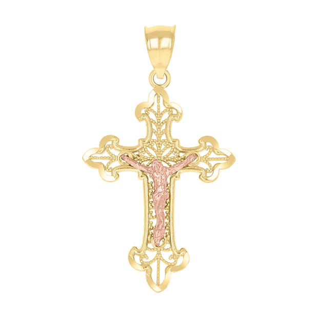 10kt Gold Two-Tone Diamond-Cut Unisex Cross Crucifix Religious Charm Pendant