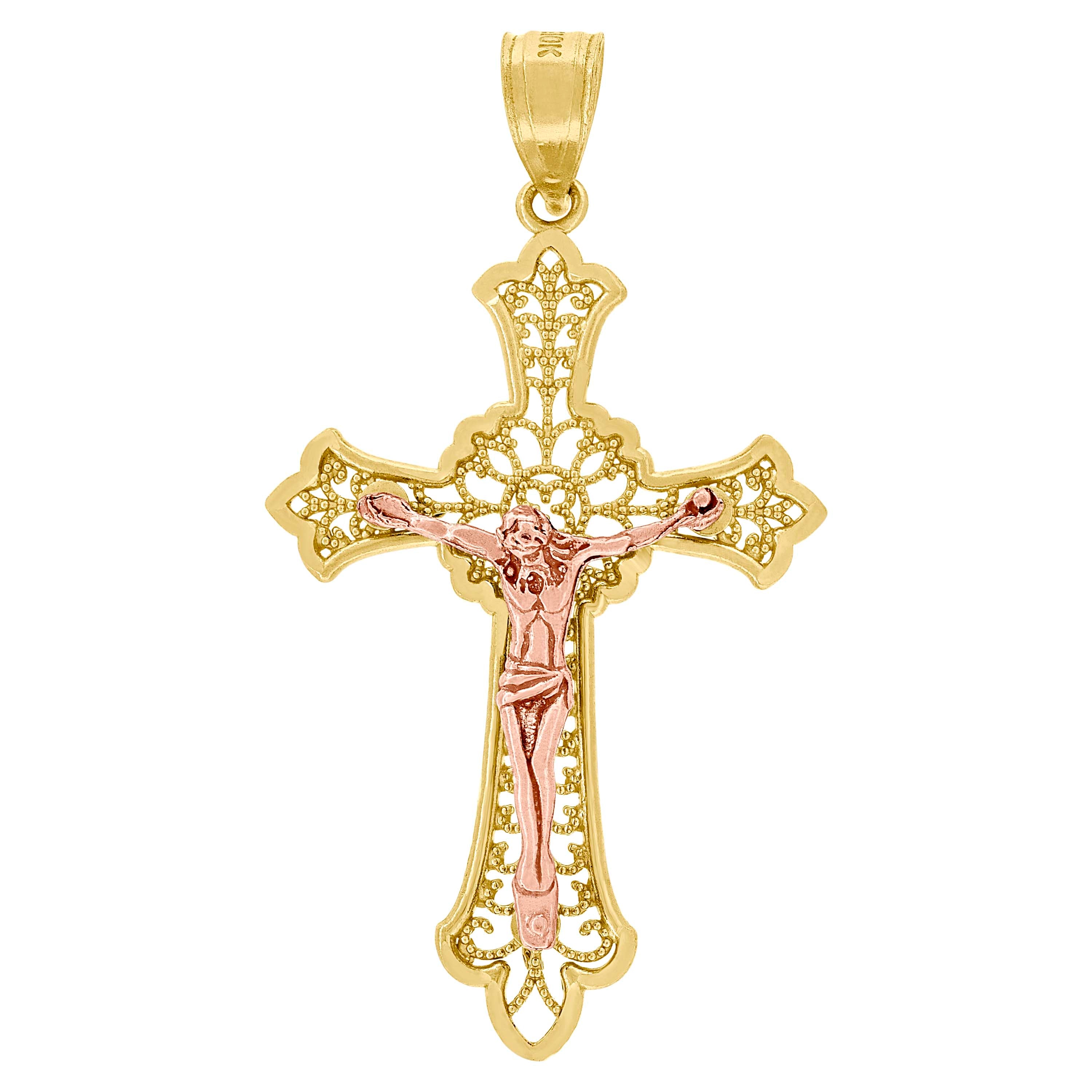 10kt Gold Two-Tone Diamond-Cut Unisex Cross Crucifix Religious Charm Pendant