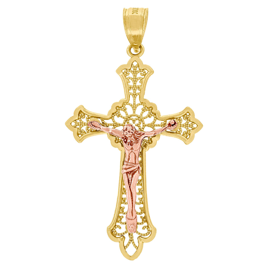 10kt Gold Two-Tone Diamond-Cut Unisex Cross Crucifix Religious Charm Pendant