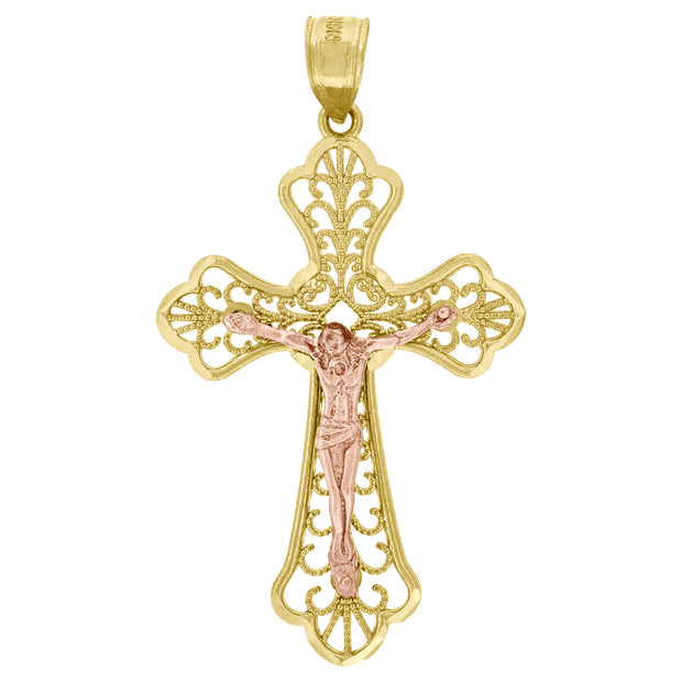 10kt Gold Two-Tone Diamond-Cut Unisex Cross Crucifix Religious Charm Pendant