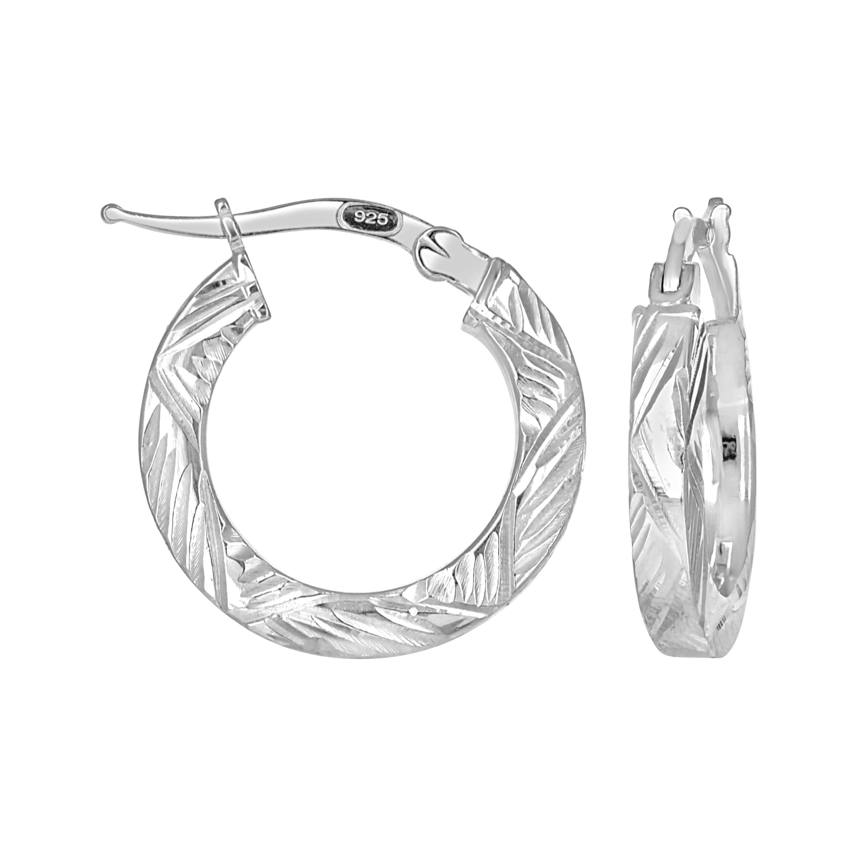 925 Sterling Silver Womens Diamond-Cut Patterned Square Tube Hoop Earrings 