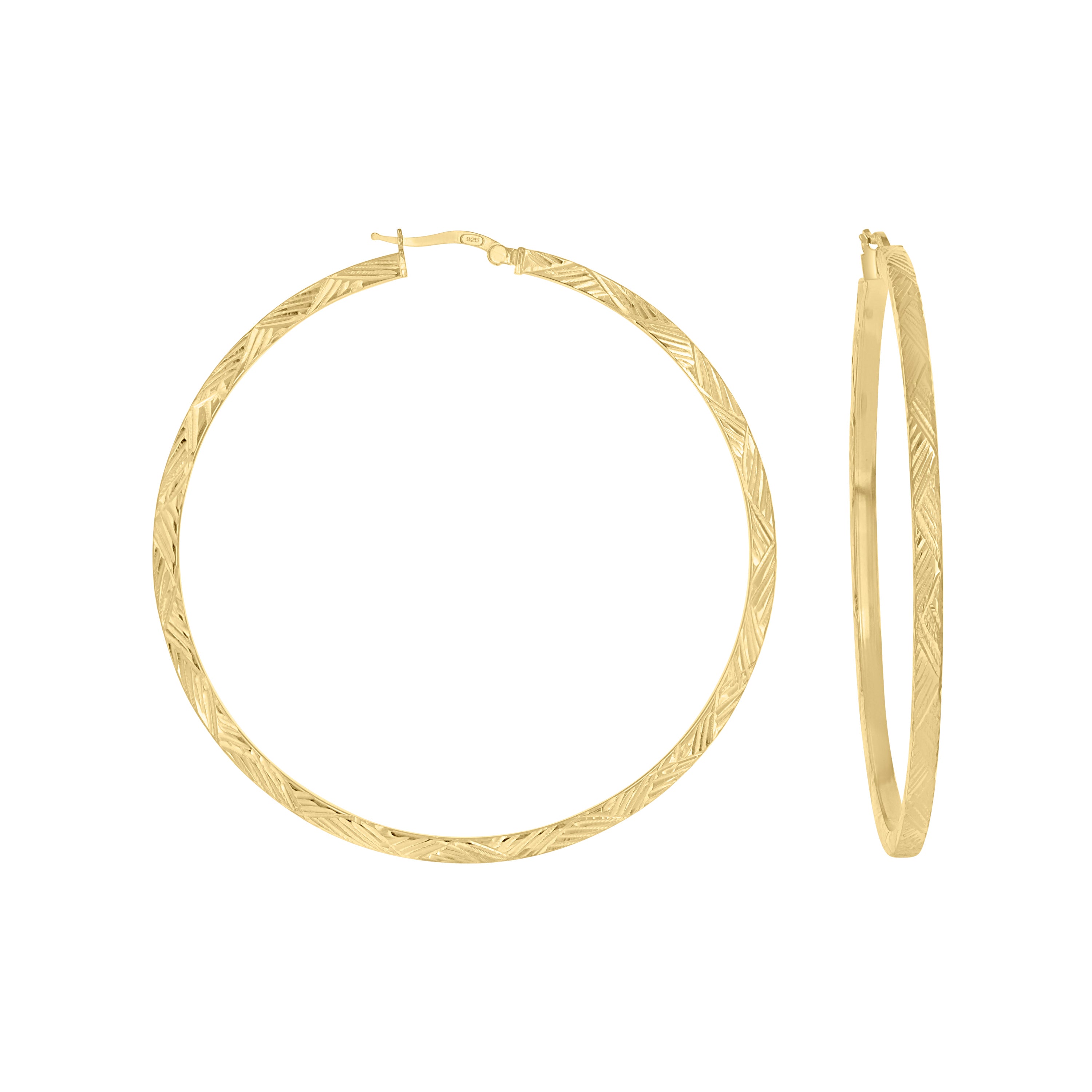 925 Sterling Silver Yellow-Tone Womens Diamond-Cut Patterned Square Tube Hoop Earrings 