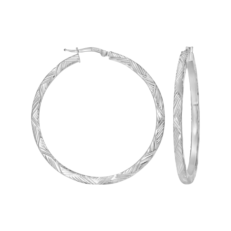 925 Sterling Silver Womens Diamond-Cut Patterned Square Tube Hoop Earrings