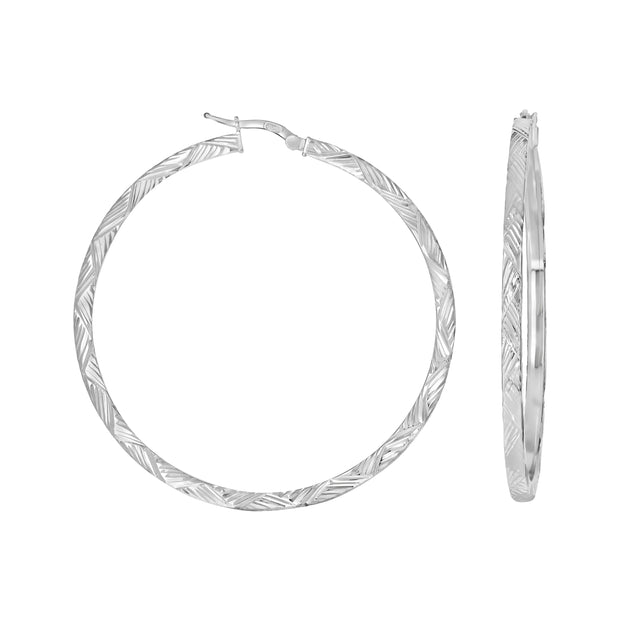 925 Sterling Silver Womens Diamond-Cut Patterned Square Tube Hoop Earrings