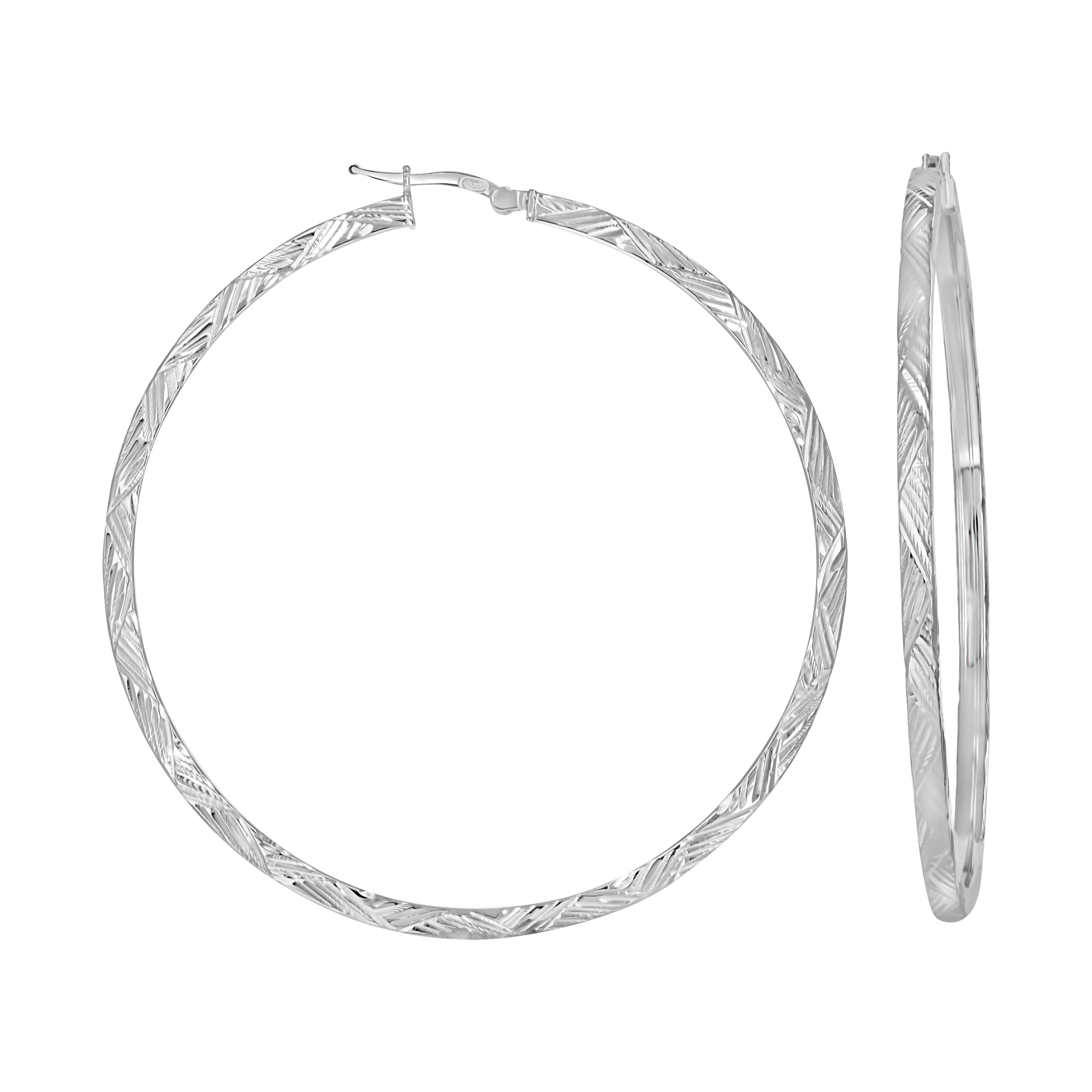 925 Sterling Silver Womens Diamond-Cut Patterned Square Tube Hoop Earrings
