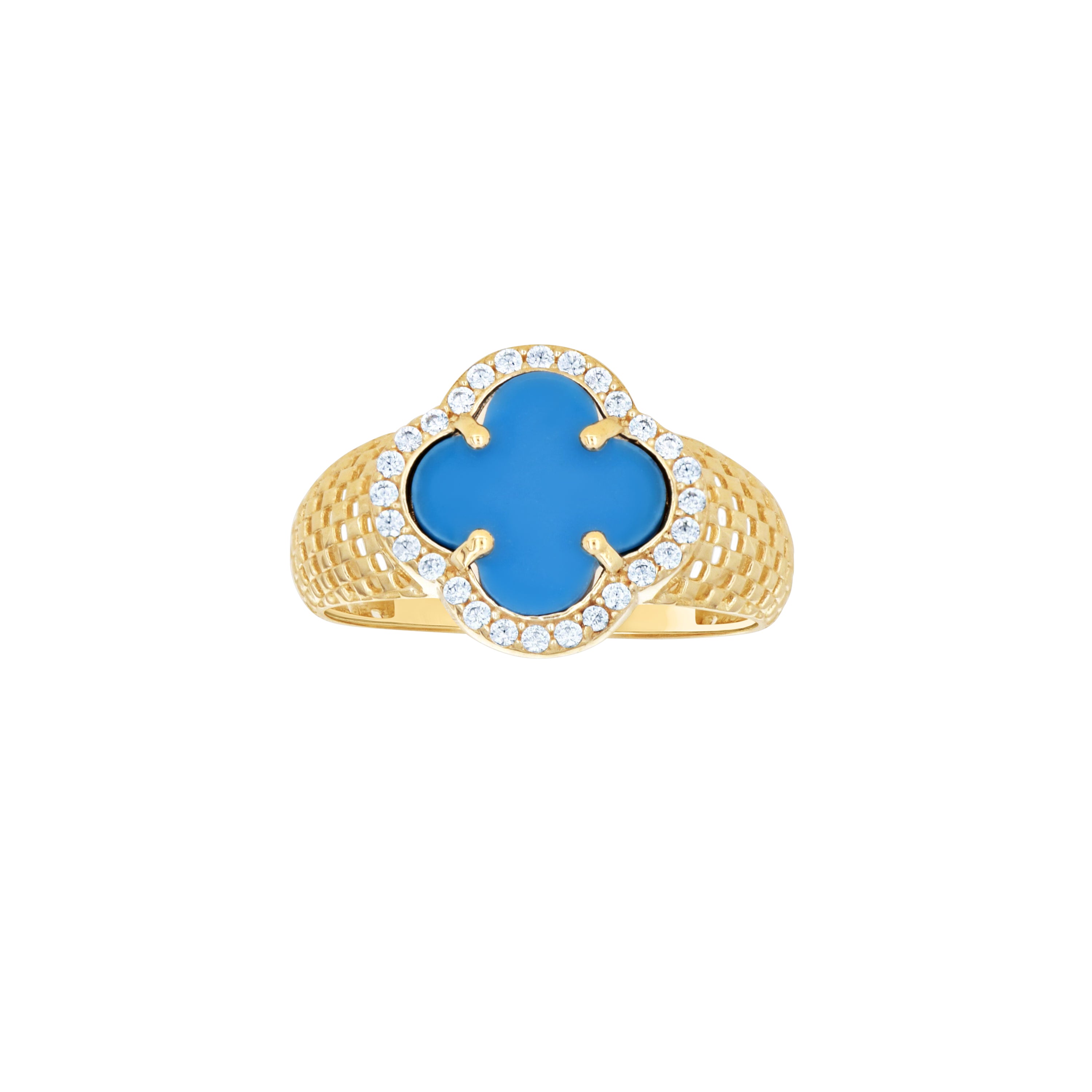 14kt Yellow Gold Womens Cubic-Zirconia Sky Blue Clover Good Luck Ring