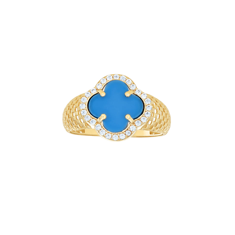 14kt Yellow Gold Womens Cubic-Zirconia Sky Blue Clover Good Luck Ring