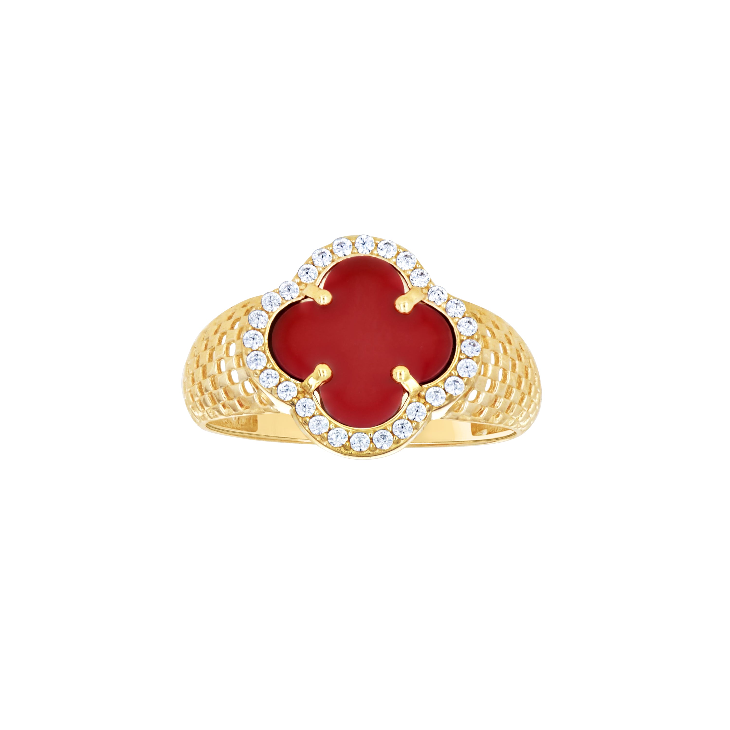 14kt Yellow Gold Womens Cubic-Zirconia Red Clover Good Luck Ring
