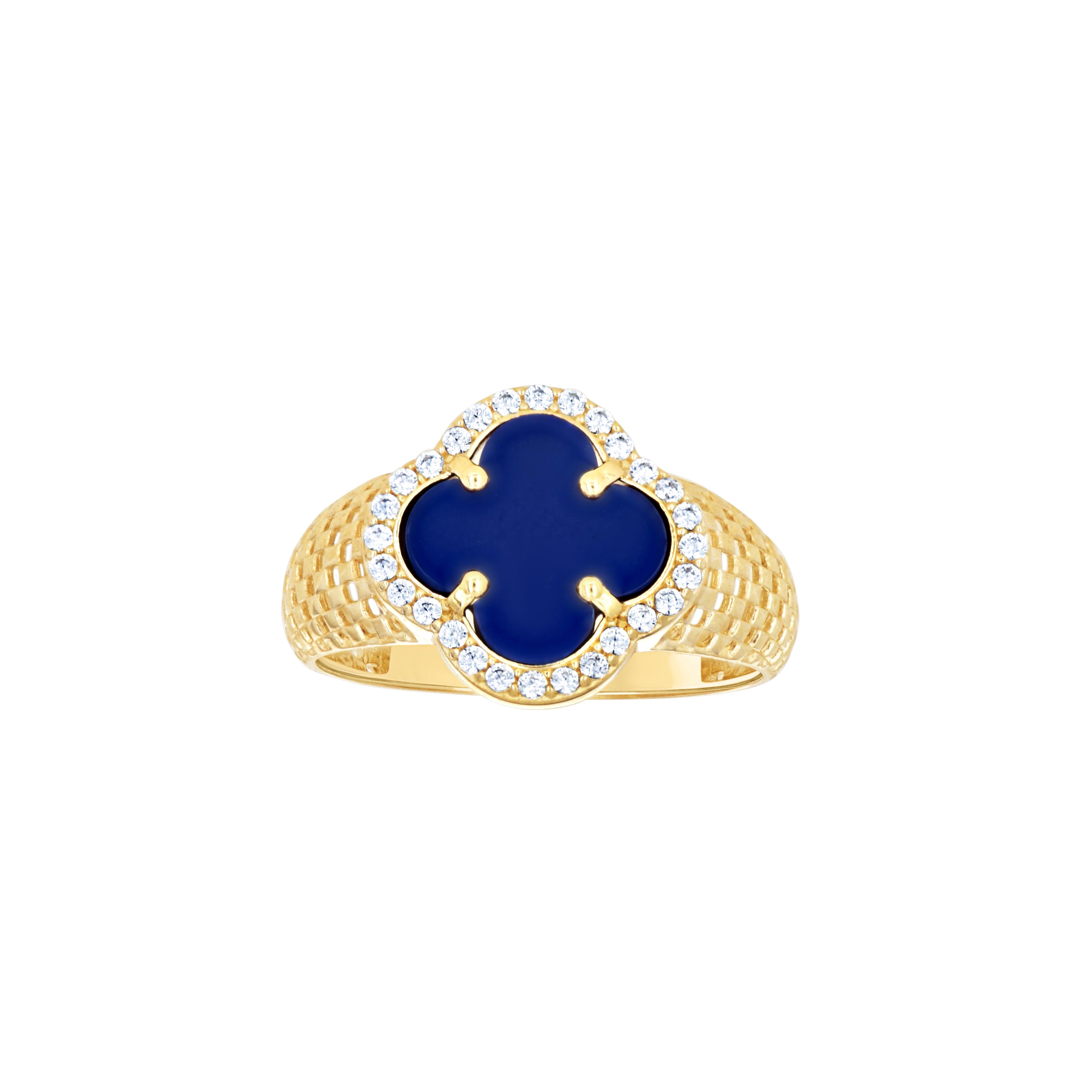 14kt Yellow Gold Womens Cubic-Zirconia Royal Blue Clover Good Luck Ring