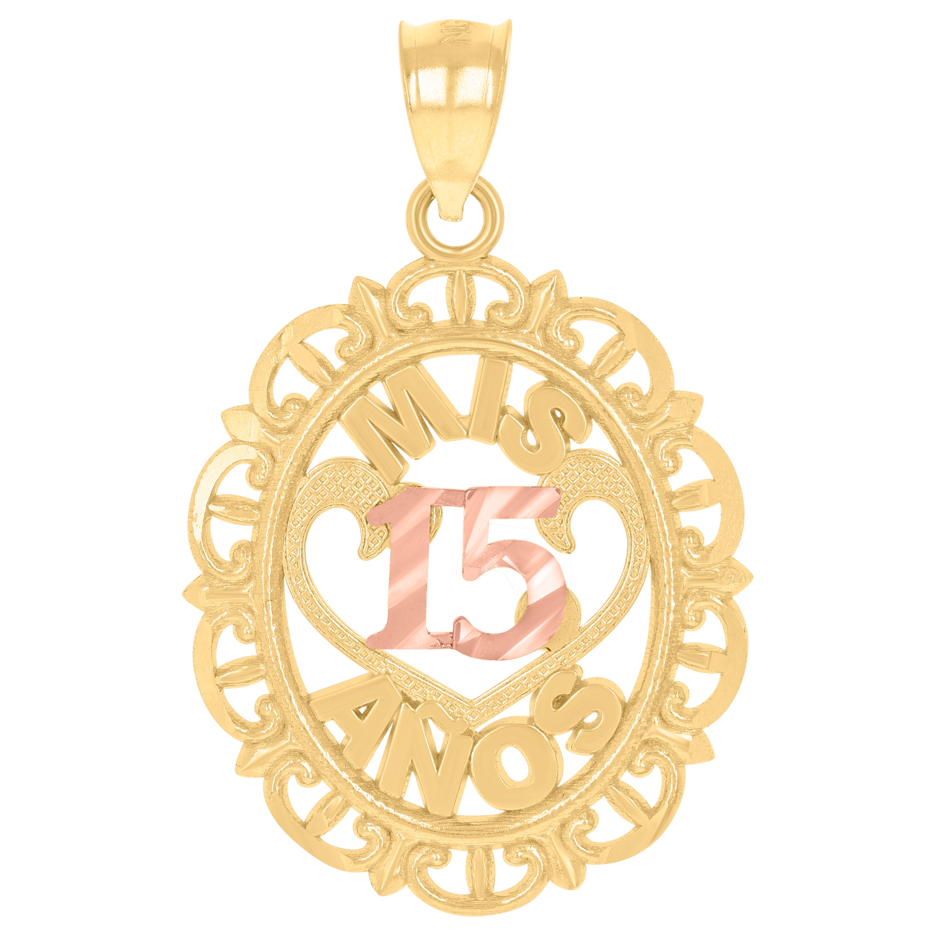 10kt Gold Tri-Color Diamond-Cut Unisex Mis 15 Anos Heart Oval Quinceanera Charm Pendant