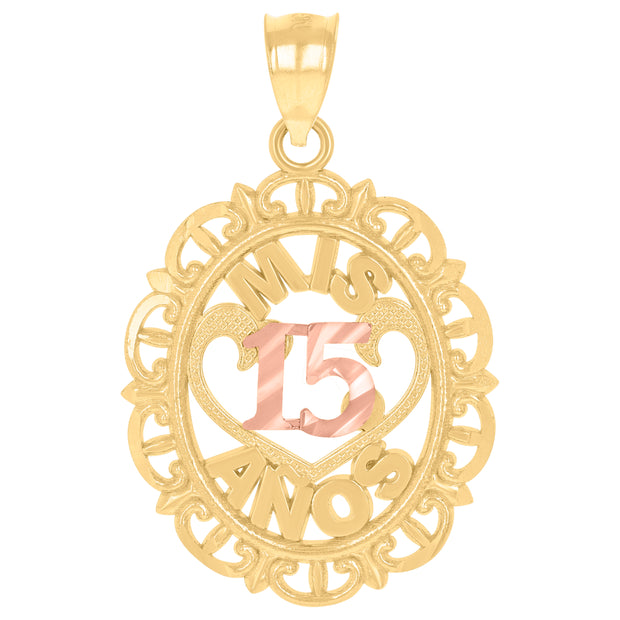 10kt Gold Tri-Color Diamond-Cut Unisex Mis 15 Anos Heart Oval Quinceanera Charm Pendant