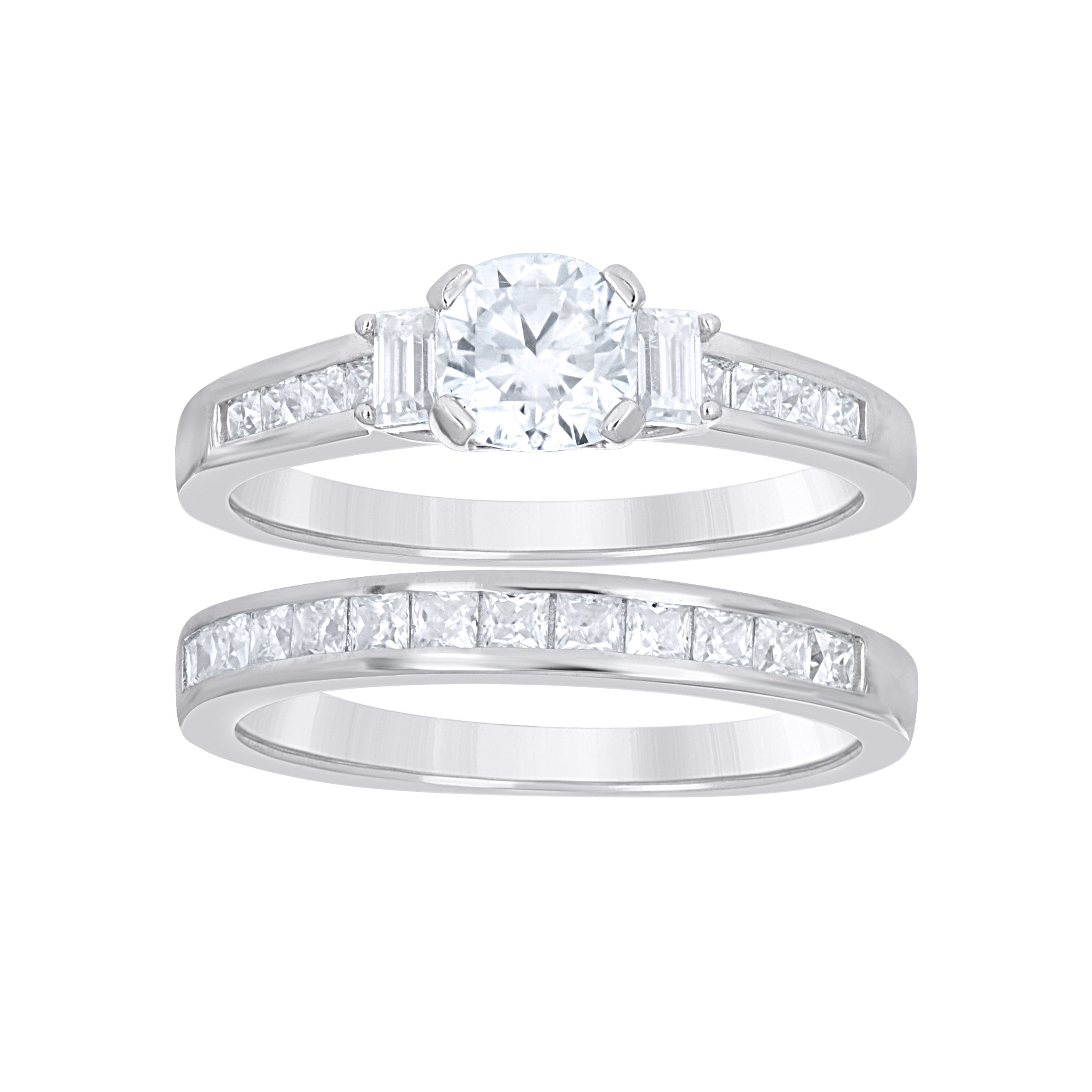 925 Sterling Silver Womens Round Princess-cut/Baguette Cubic-Zirconia Duo Bridal Ring Set Size 10 - SLV-144566