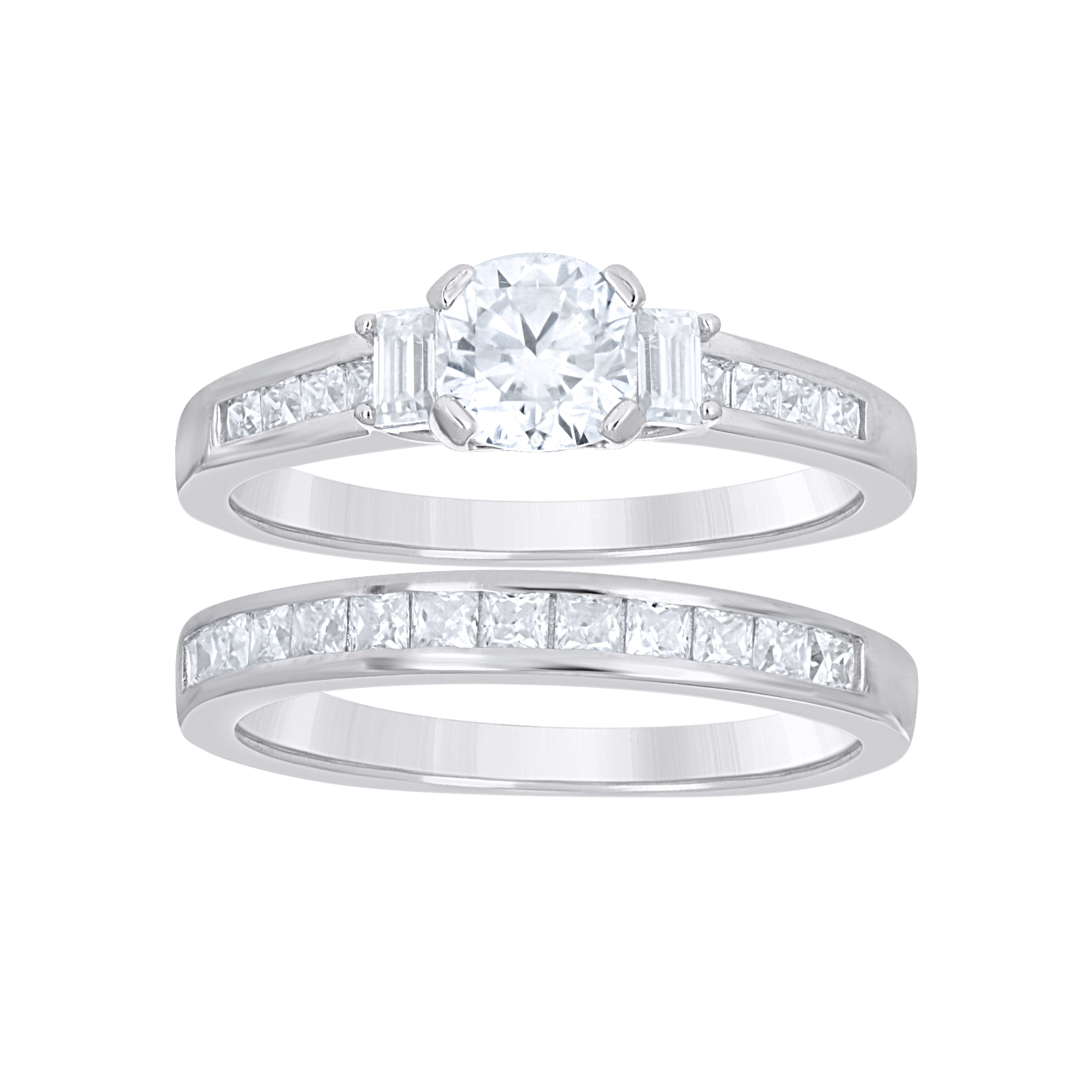 925 Sterling Silver Womens Round Princess-cut/Baguette 0.26ct Moissanite Duo Bridal Ring Set Size 6 - SLV-144652
