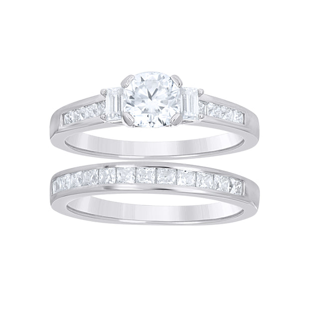 925 Sterling Silver Womens Round Princess-cut/Baguette 0.26ct Moissanite Duo Bridal Ring Set Size 5