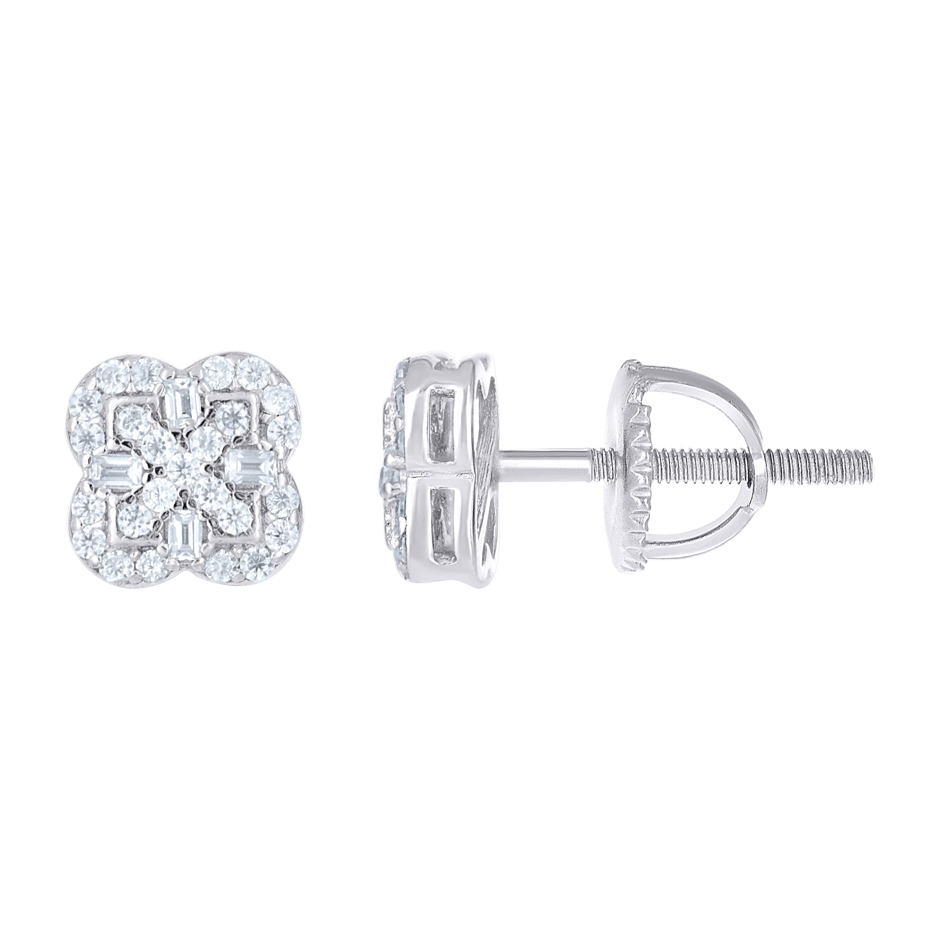 925 Sterling Silver Womens Round Baguette Cubic-Zirconia Clover Good Luck Stud Earrings