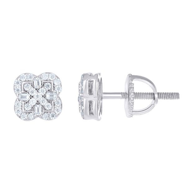 925 Sterling Silver Womens Round Baguette Cubic-Zirconia Clover Good Luck Stud Earrings