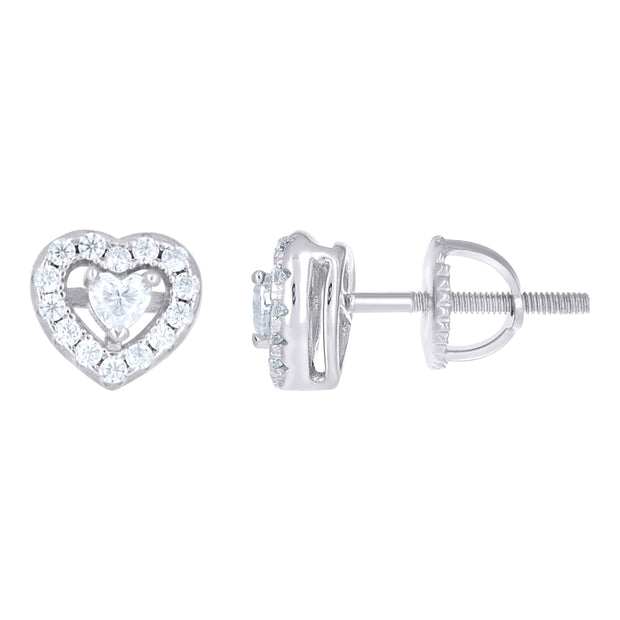 925 Sterling Silver Womens Round Heart Cubic-Zirconia Heart Stud Earrings