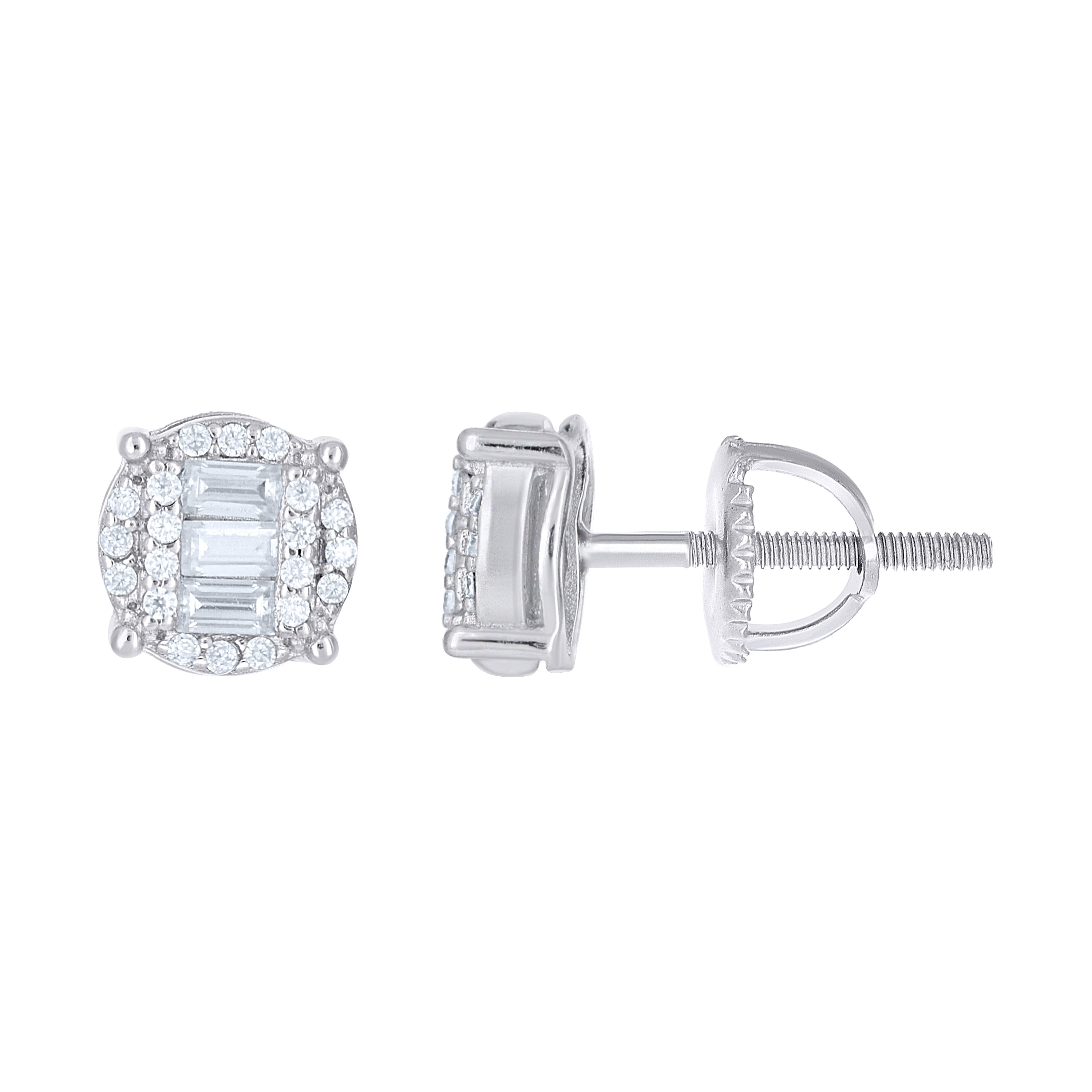925 Sterling Silver Unisex Round Baguette Cubic-Zirconia Round Fashion Stud Earrings