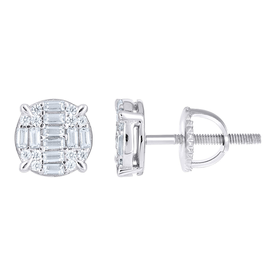 925 Sterling Silver Unisex Round Baguette Cubic-Zirconia Round Fashion Stud Earrings